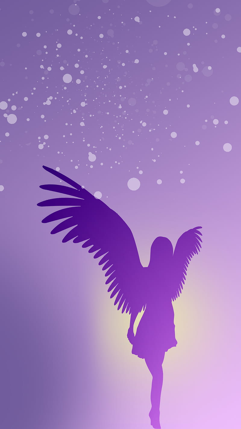 Angel, desenho, girl, gradient, halo, heaven, purple, silhouette, stars, wings, HD phone wallpaper
