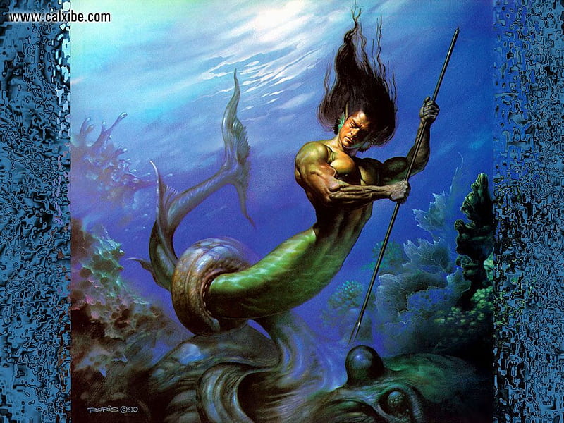 Merman against Octopus, octopus, fish, boris, julie, man, bell, spear, fight, valejo, HD wallpaper