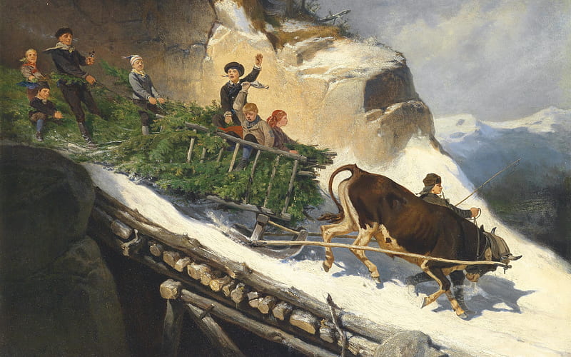 Farmer sleigh in the Salzburger Alps, tree, craciun, people, painting, man, pictura, josef anton rhinestone gschwandtner, art, cow, christmas, HD wallpaper