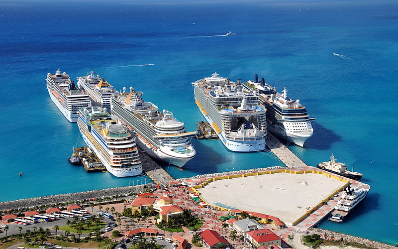 Allure of the Seas, cruise liners, seaport, class Oasis, summer, Caribbean Sea, passenger large ships, Celebrity Solstice, AIDAluna, MSC, HD wallpaper