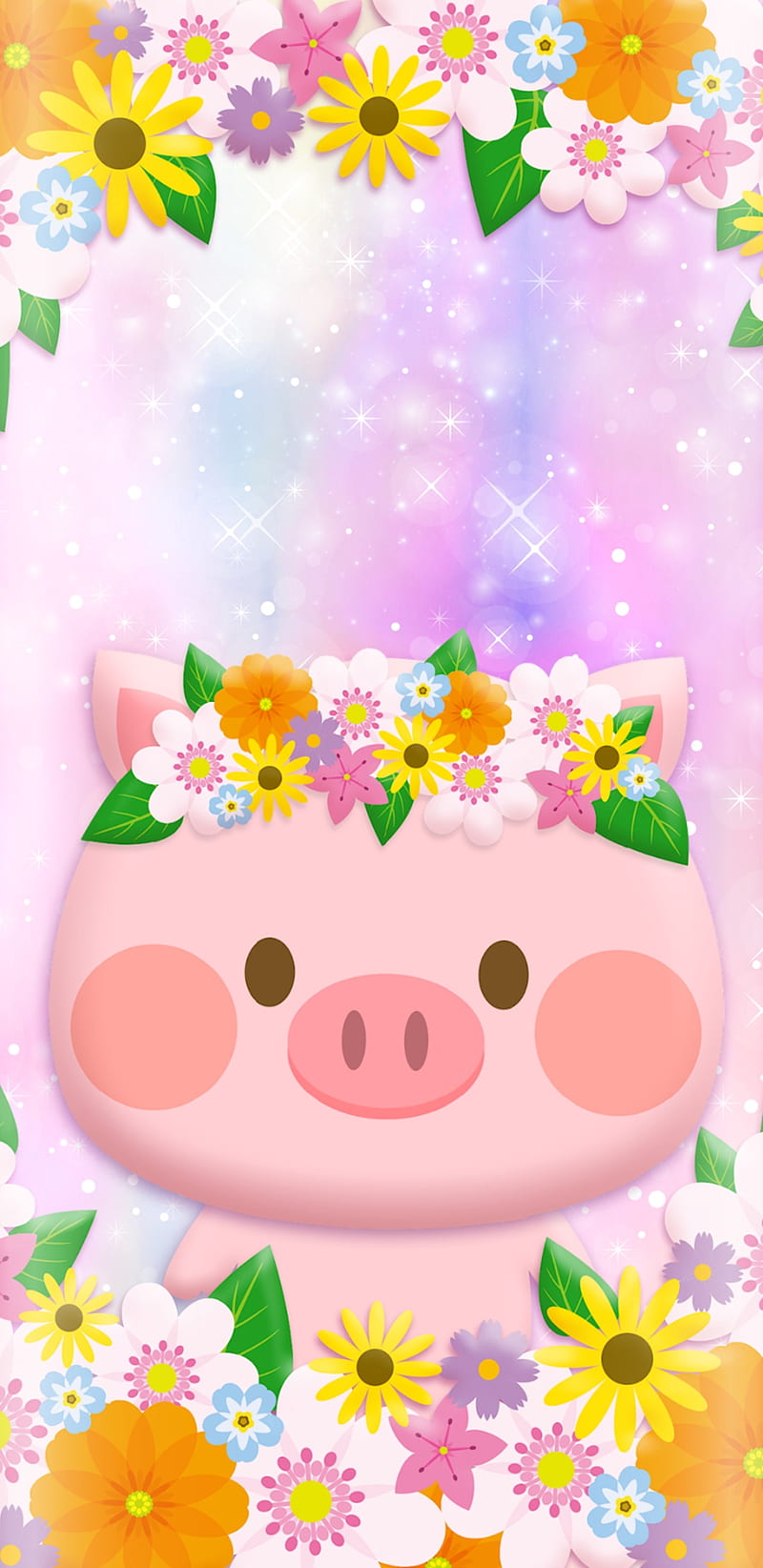 SpringPig, spring, pig, cute, flowers, cartoon, pink, galaxy, purple, bonito, pretty, HD phone wallpaper