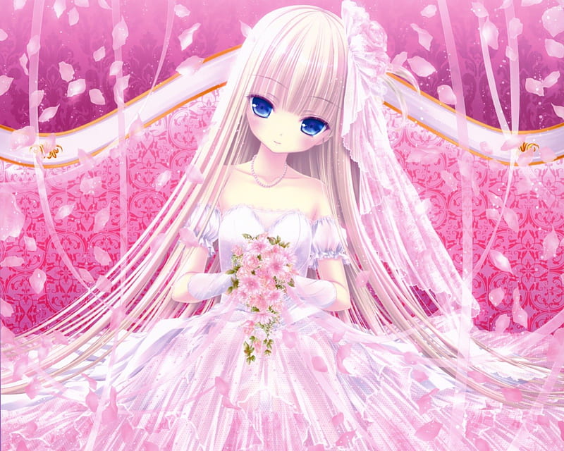 Tinkle Bride, pretty, veil, women, sweet, floral, anime, beauty, anime girl, chair, long hair, lovely, gown, sexy, cute, maiden, dress, bride, bonito, sublime, woman, blossom, hot, pink, blue eyes, wed, gorgeous, female, wedding, girl, bouquet, flower, petals, pink hair, lady, HD wallpaper