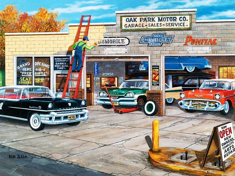 Under new Ownership, carros, garage, painter, color, artwork, workshop, vintage, HD wallpaper