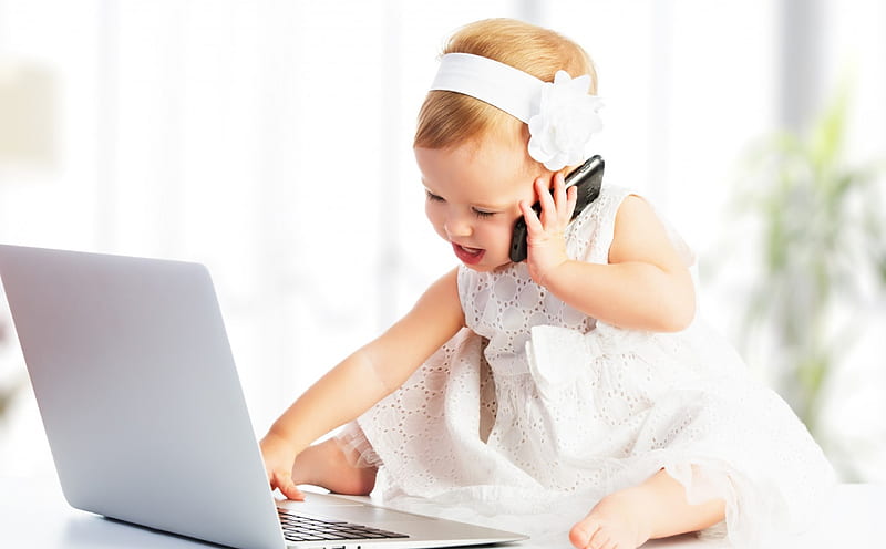 Baby girl at work girl, mobile, white, laptop, baby, HD wallpaper