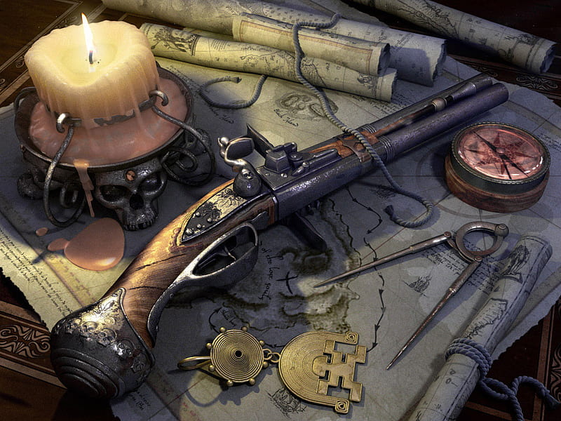 Pistola, candle, musket, old, map, HD wallpaper