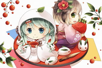 Những nhân vật nhỏ bé trong \'Chibi Miku và Meiko\' khiến bạn không thể rời mắt khỏi hình. Đặc biệt là bánh dâu tây, tạo thành một tổng thể ngọt ngào và đáng yêu.