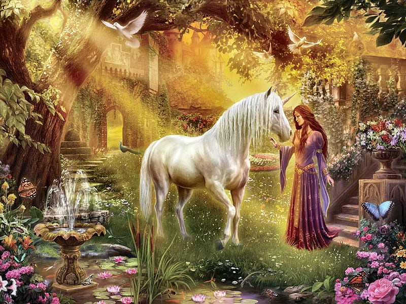 Secret Garden F+Cmp, art, fountain, unicorn, birds, fantasy, painting, krasny, garden, nature, maiden, HD wallpaper