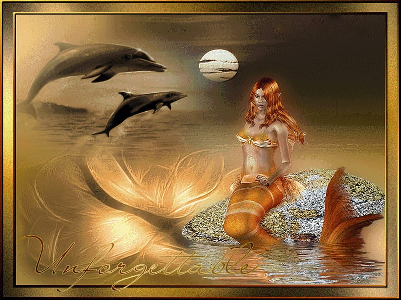 UNFORGETTABLE, mermaid, moon, dolphins, ocean, HD wallpaper
