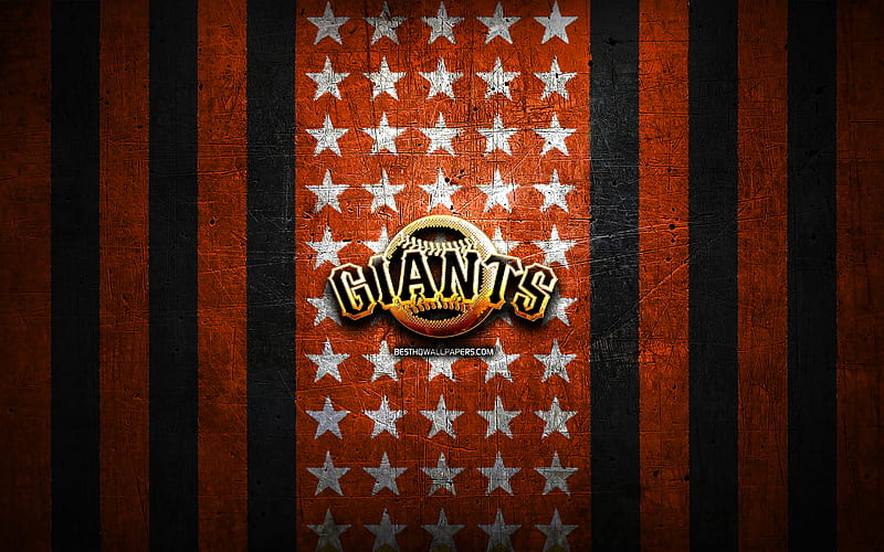 San Francisco Giants flag, MLB, orange black metal background, american baseball team, San Francisco Giants logo, USA, baseball, San Francisco Giants, golden logo, HD wallpaper