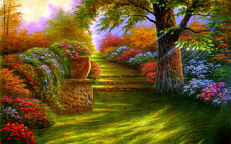 Garden, flower, art, tree, grass, HD wallpaper