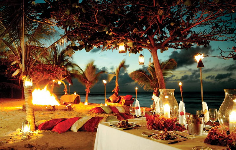 Luxury Beach Picnic by Night, polynesia, eat, picnic, sea, beach, sand, flame, dining, torches, exotic, islands, view, food, ocean, lamps, hawaii, pacific, candles, paradise, dine, candelight, island, tropical, hawaiian, HD wallpaper