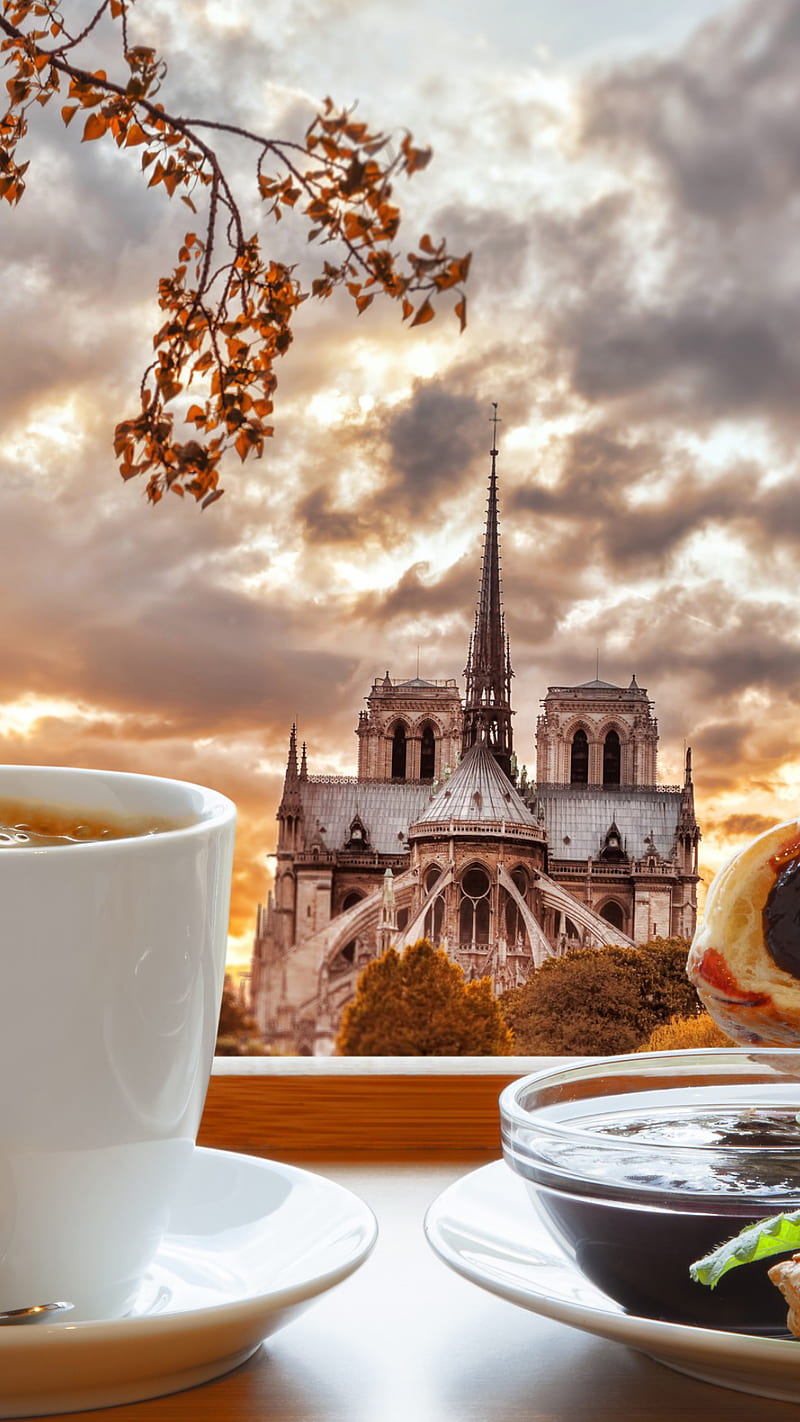 good morning paris, balcony, breakfast, church, clouds, coffee, view, HD phone wallpaper