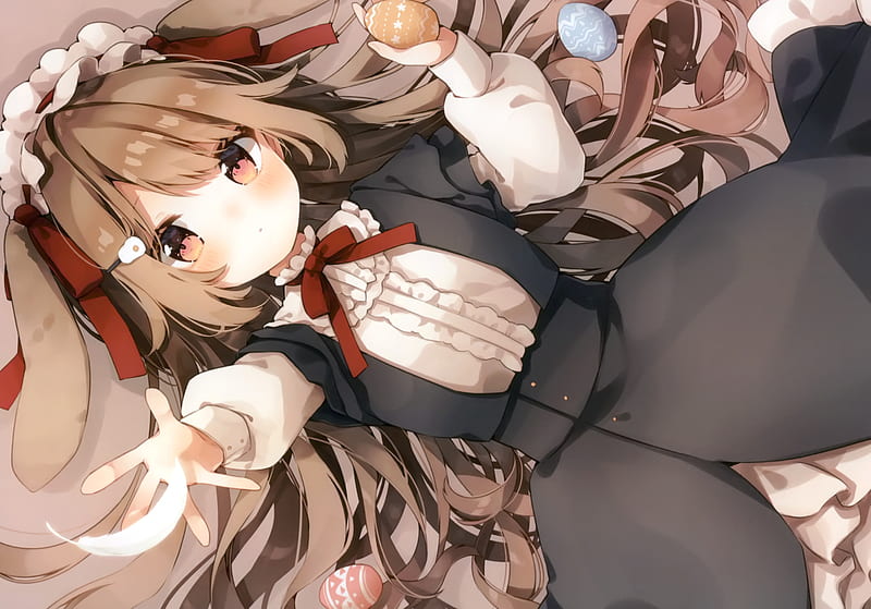 anime bunny girl, lying down, loli, cute, brown hair, dress, Anime, HD wallpaper
