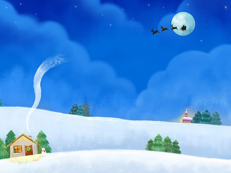 Christmas time, christmas, holiday, december, deer, winter, fly, santa, moon, snow, HD wallpaper