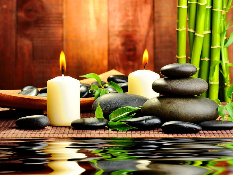 Spa candles, relax, bamboo, candles, fire, still life, leaves, stones, water, green, spa, beauty, reflection, light, HD wallpaper