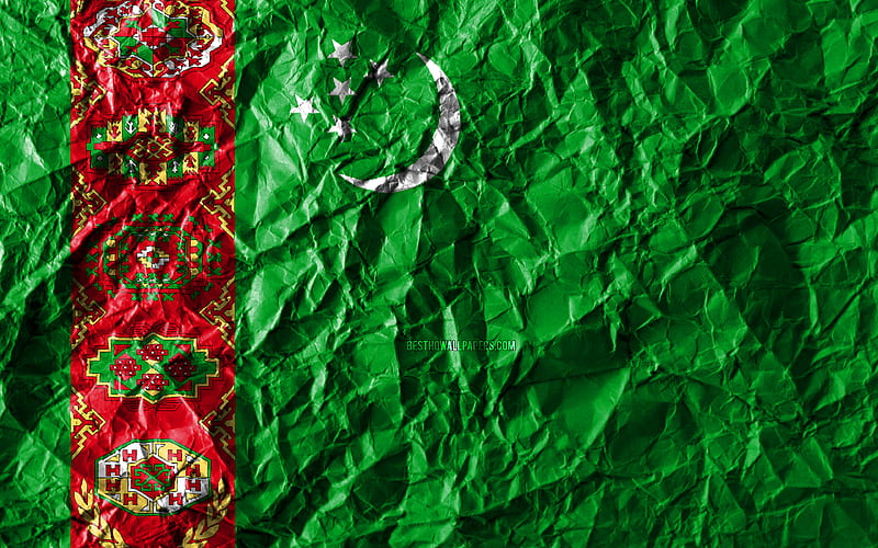 Turkmen flag crumpled paper, Asian countries, creative, Flag of Turkmenistan, national symbols, Asia, Turkmenistan 3D flag, Turkmenistan, HD wallpaper