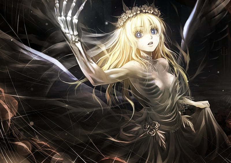 Resurrection, wings, skeleton, luminos, angel, manga, black, blonde, kriss sison, girl, anime, hand, HD wallpaper
