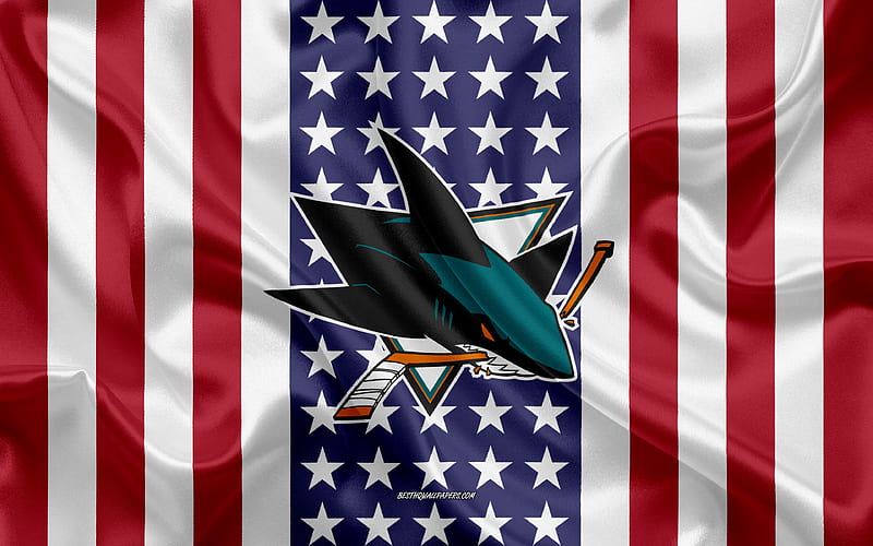 San Jose Sharks logo, emblem, silk texture, American flag, American hockey club, NHL, San Jose, California, USA, National Hockey League, ice hockey, silk flag, HD wallpaper