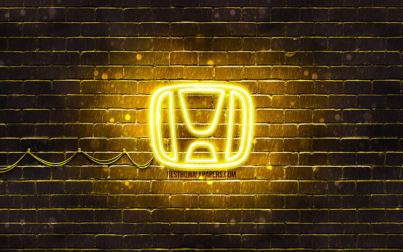 Honda yellow logo yellow brickwall, Honda logo, cars brands, Honda neon logo, Honda, HD wallpaper