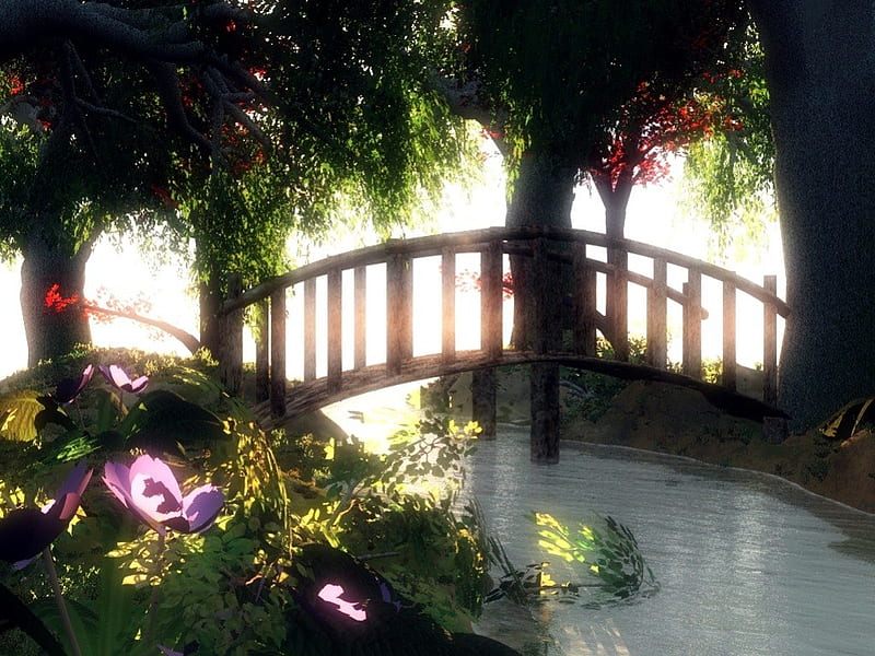 Bridge Walk, pond, bridge, flowers, misty, garden trees, HD wallpaper