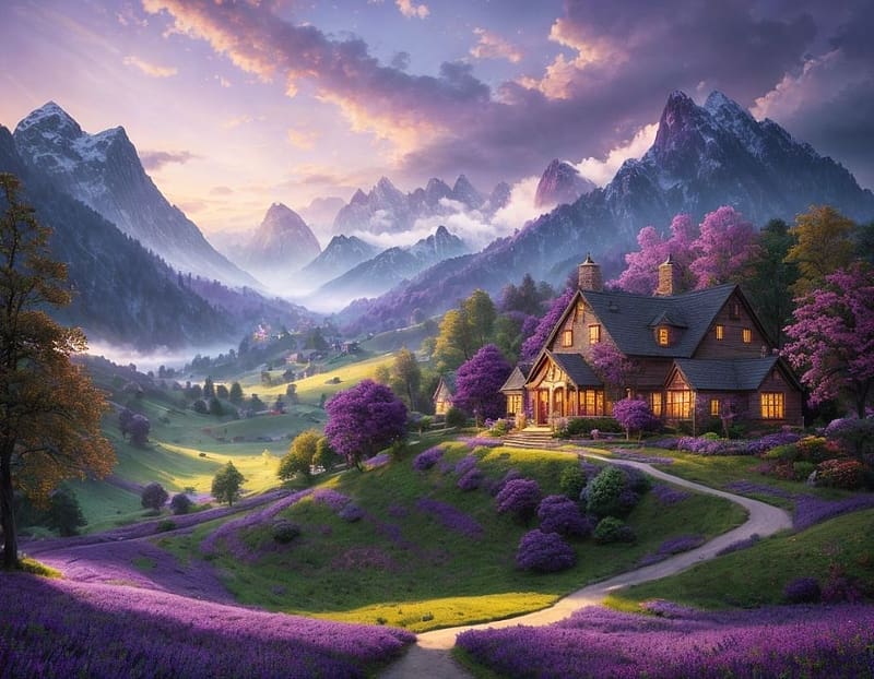 Purple mountain landscape with family house, novenyzet, ut, lila tajkep, haz, termeszet, fak, otthon, hegyek, HD wallpaper
