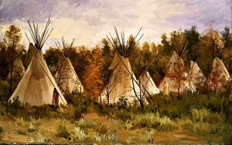 The Summer Camp, Old West, art, painting, wide screen, Native American, bonito, illustration, artwork, HD wallpaper
