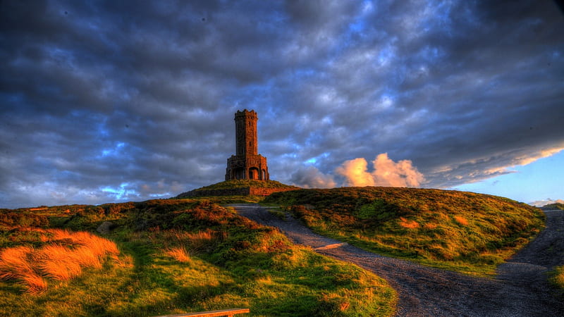 darwen tower in lancashire england r, grass, tower, r, road, clouds, hill, old, HD wallpaper