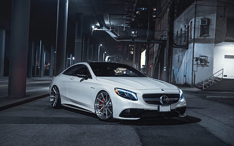 Mercedes-Benz S63 AMG, luxury tuning, front view, white coupe, new white S63, silver wheels, Mercedes, HD wallpaper