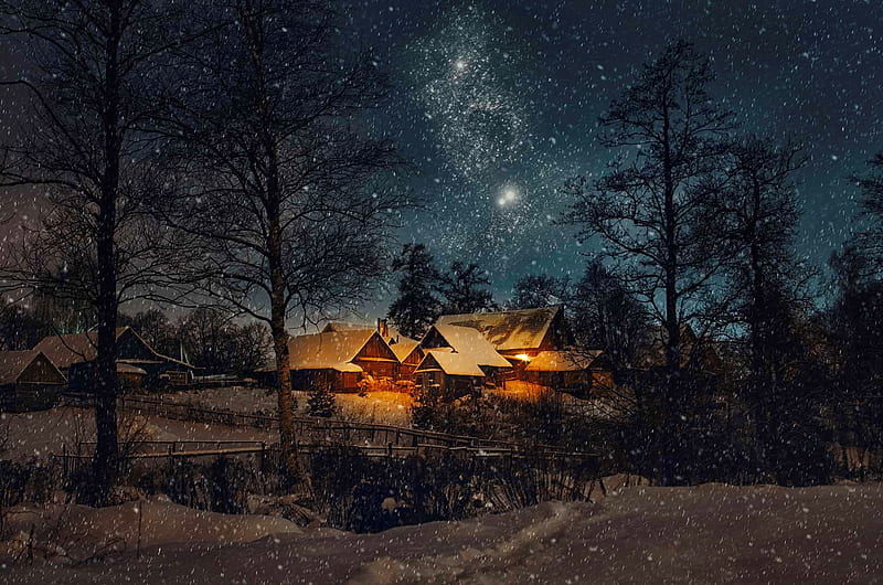 Winter village at night, village, evening, cold, winter, night, houses, bonito, countryside, snow, snowfall, dark, HD wallpaper