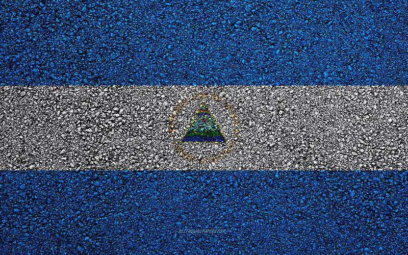 Flag of Nicaragua, asphalt texture, flag on asphalt, Nicaragua flag, North America, Nicaragua, flags of North America countries, HD wallpaper