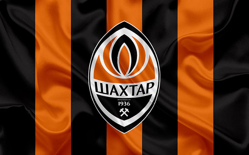 FC Shakhtar Donetsk Ukrainian football club, logo, silk texture, orange black flag, Ukrainian Premier League, Donetsk, Ukraine, football, HD wallpaper
