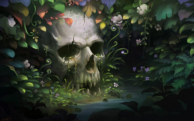Skull, art, fantasy, death, luminos, green, flower, jungle, HD wallpaper