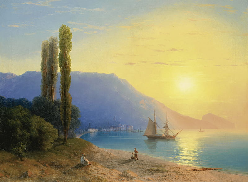 Sunrise off the Coast of Yalta, art, yellow, sunset, sea, beach, yalta, boat, tree, water, ship, painting, pictura, ivan aivazovsky, coast, blue, HD wallpaper