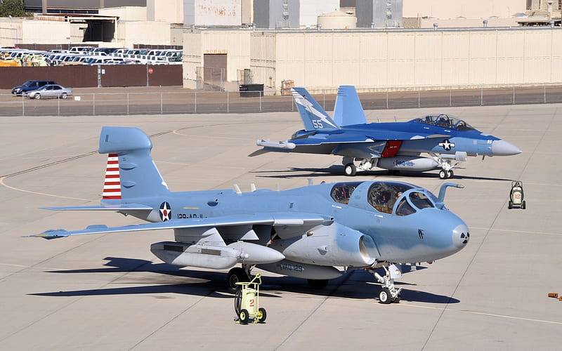 Grumman EA-6 Prowler, Boeing EA-18 Growler, military aerodrome, combat aviation, US Air Force, USA, EA-6B Prowler, EA-18G Growler, HD wallpaper