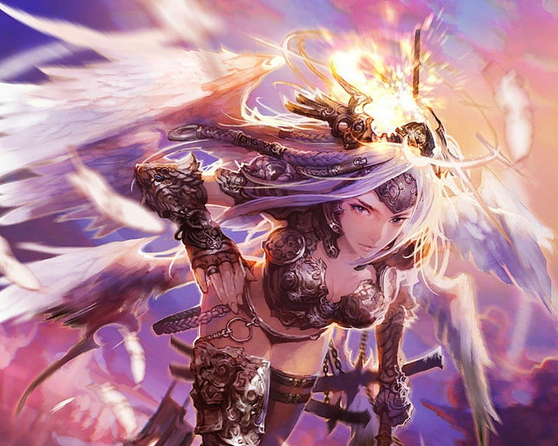 Warrior Angel, glow, wing, halo, fantasy, blade, anime, feather, hot, anime girl, weapon, sword, light, female, wings, angel, sky, sexy, armor, cute, warrior, girl, HD wallpaper