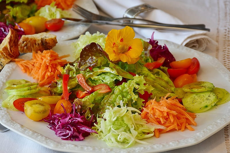 healthy salad, cherry tomatoes, carrots, lettuce, cabbage, healthy, tasty, beets, red cabbage, salad, cucumbers, HD wallpaper