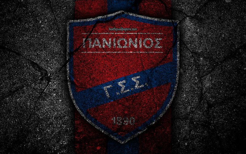 Panionios FC, logo, Greece Super League, football, asphalt texture, soccer, emblem, Greek football club, black stone, Panionios, Greece, FC Panionios, HD wallpaper