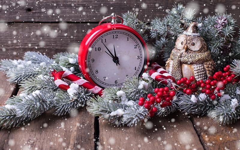 New Year, red clock, alarm clock, Christmas tree, Merry Christmas, Xmas, HD wallpaper