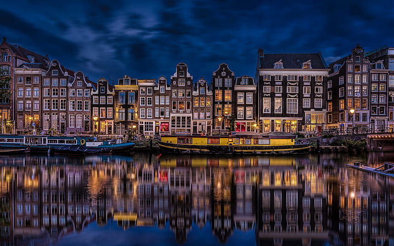 Holland, Amsterdam, rchannels, embankment, night, Netherlands, Europe, HD wallpaper