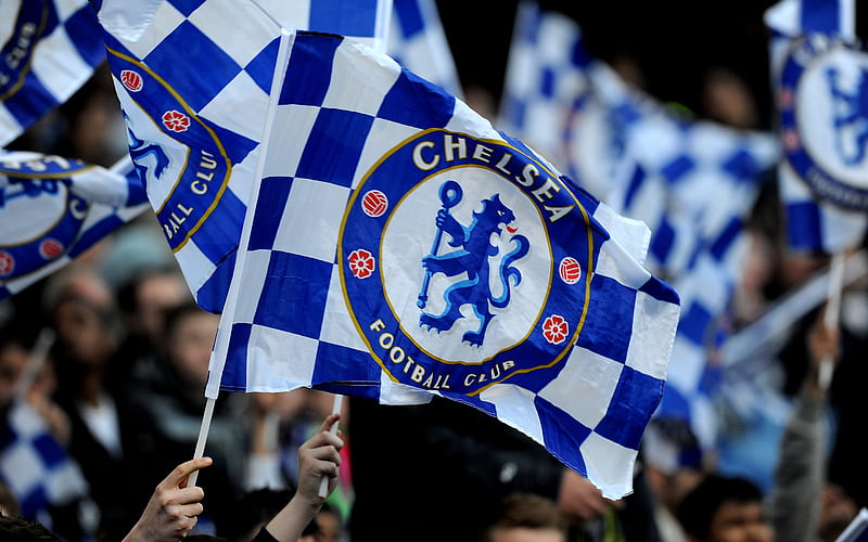 Chelsea FC, fans, emblem, English football club, logo, silk flag, bleachers, stadium, Premier League, England, HD wallpaper