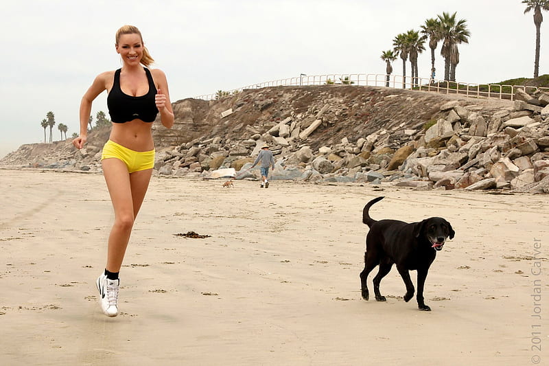 Jogging, beach, running, outdoors, dog, HD wallpaper