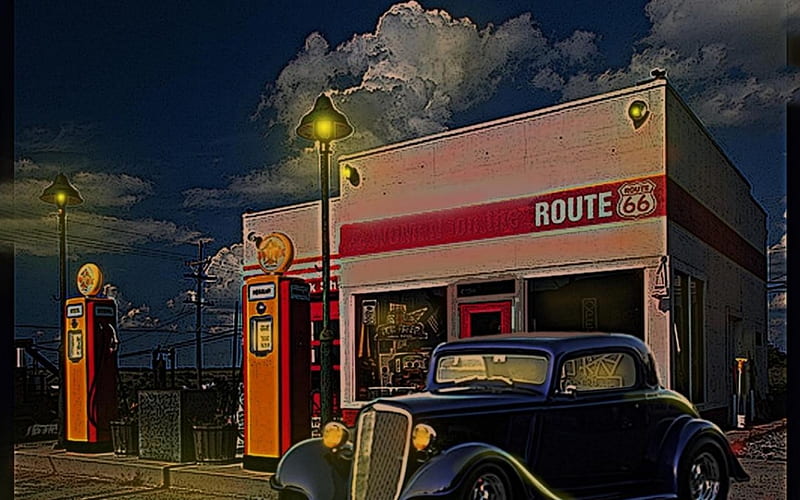 Route 66 Service Station, hot rod, street rod, route 66, car, HD wallpaper