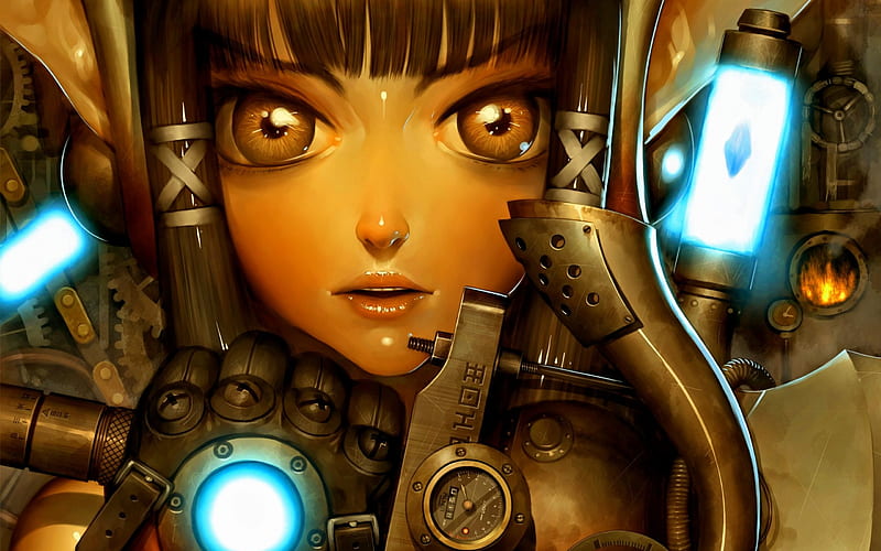Neo Steam, fantasy, girl, tech, besm, magic, eyes, HD wallpaper