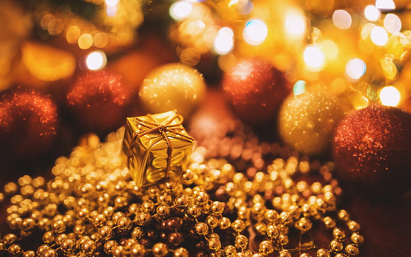 golden gift box, golden christmas balls, bokeh, golden tinsel, Happy New Year, glare, christmas decorations, xmas balls, golden christmas backgrounds, new year concepts, Merry Christmas, HD wallpaper
