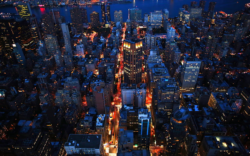 Bustling city Skyscrapers New York Manhattan Night, HD wallpaper