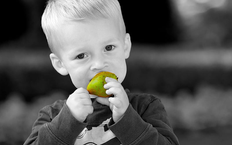 Boy, little boy, pear, green, black, white, HD wallpaper
