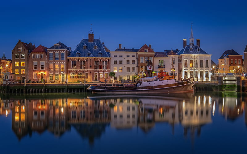Maassluis, evening, cityscape, buildings, ship, Netherlands, HD wallpaper
