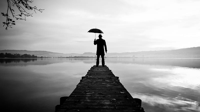 silhouette, alone, umbrella, hat, pier, water, black and white, HD wallpaper