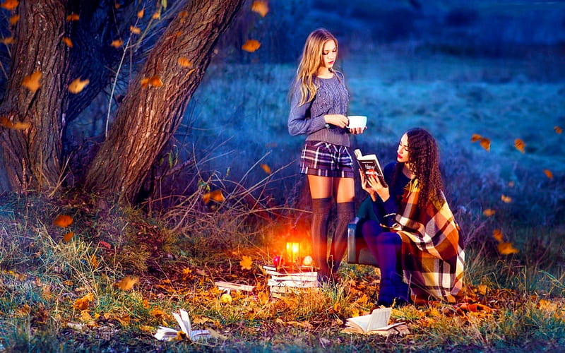 GIRLS NIGHT OUT, Forest, Mountain, Girls, Leaves, Lanterns, Meadow, Autumn, dark, HD wallpaper