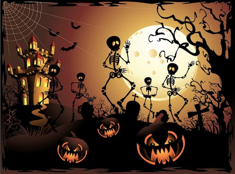 Happy Halloween, tree, skeleton, moon, bats, scary, artwork, pumpkins, HD wallpaper